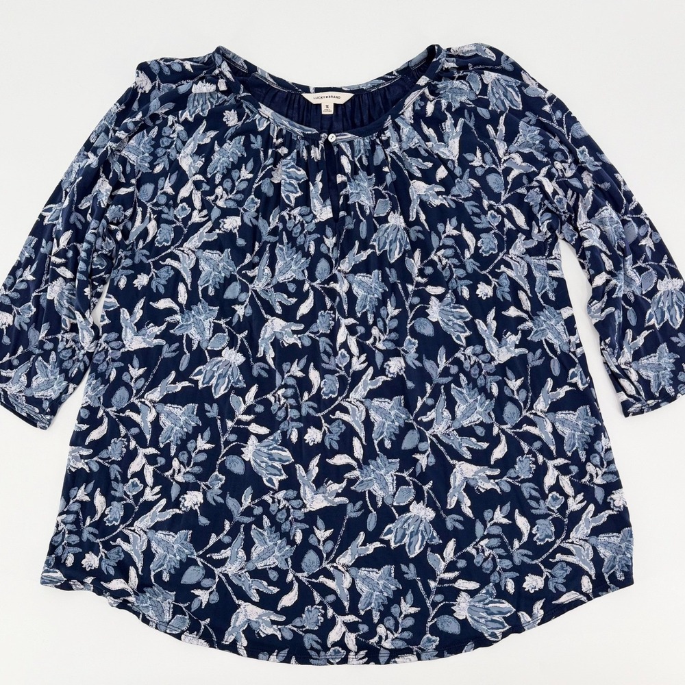 LUCKY BRAND Floral Navy Blue White Peasant Blouse Three Quarter Sleeve Top 1X
